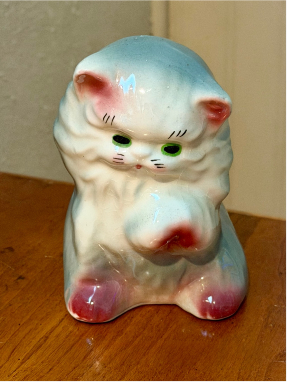 Vintage Ceramic Fluffy Persian Cat Planter Figurine Green Eyes Blue Back